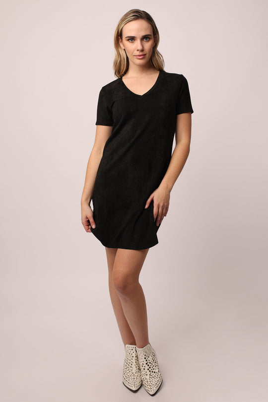 image of a female model wearing a ARIA SUEDE V-NECK SIDE POCKET DRESS BLACK DEAR JOHN DENIM 