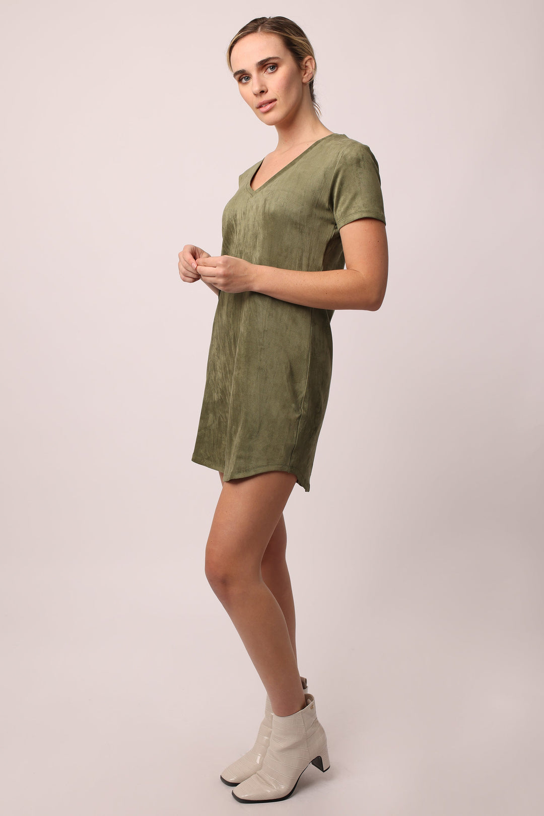 image of a female model wearing a ARIA V-NECK SIDE POCKET DRESS DRIED SAGE DRESSES