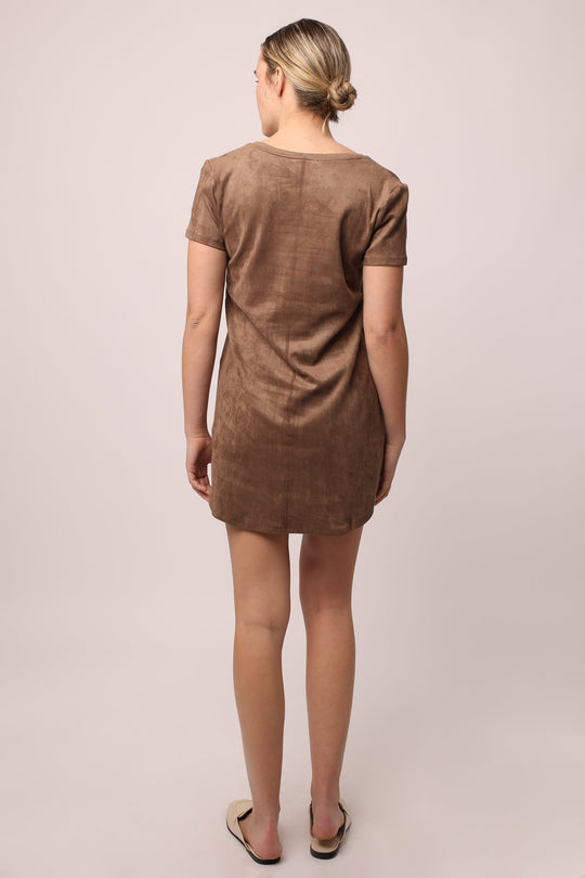 image of a female model wearing a ARIA SUEDE V-NECK SIDE POCKET DRESS MOCHA DEAR JOHN DENIM 
