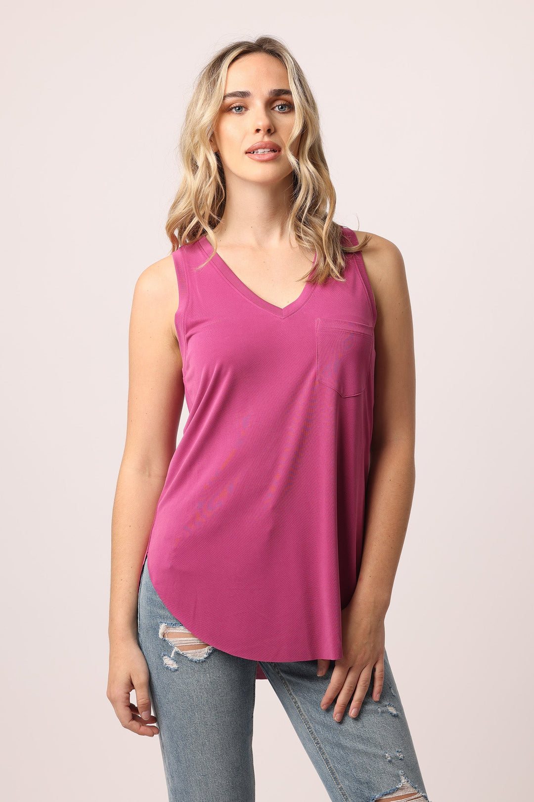 image of a female model wearing a ESTHER V NECK TANK FUCHSIA TANKS