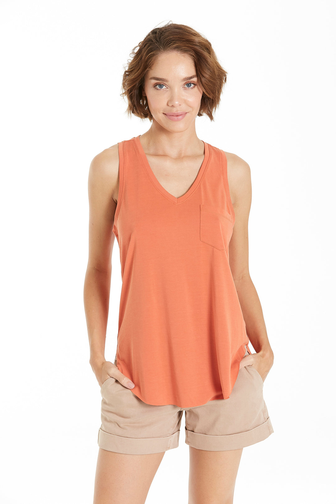image of a female model wearing a ESTHER POCKET TANK RUST TOPS