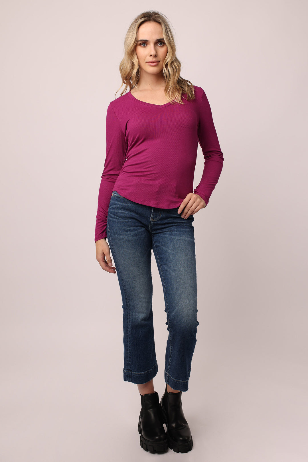 image of a female model wearing a SOPHIE LONG SLEEVE TEE FUCHSIA TOPS