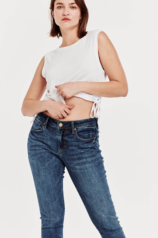 image of a female model wearing a BLAIRE HIGH RISE ANKLE SLIM STRAIGHT JEANS SOUTH BAY JEANS
