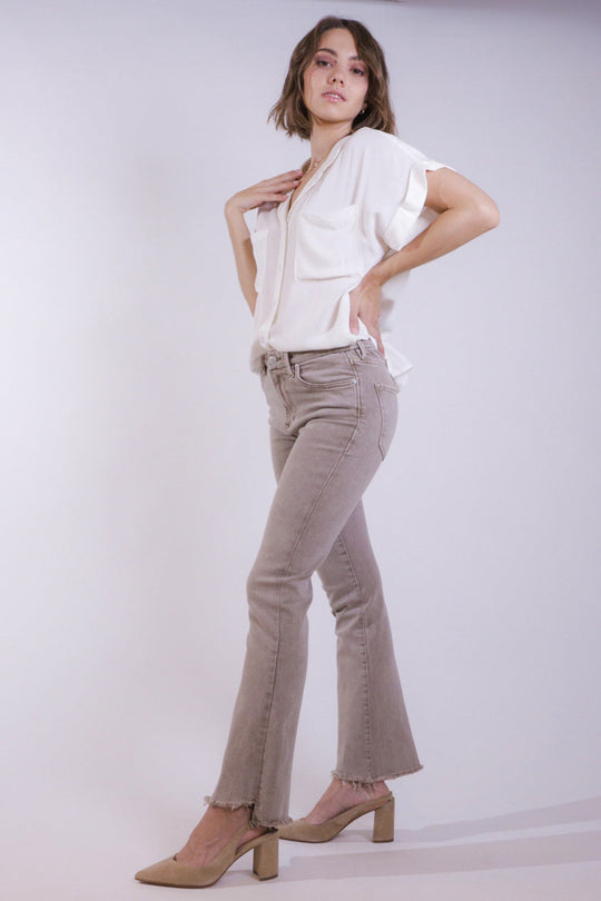 image of a female model wearing a JEANNE SUPER HIGH RISE CROPPED FLARE JEANS CASHMERE DEAR JOHN DENIM 