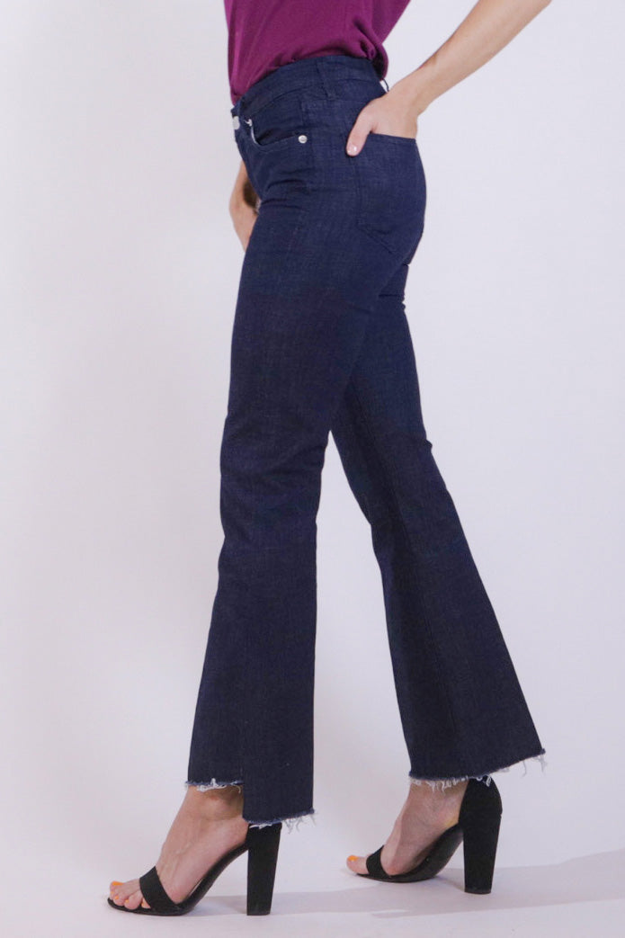 image of a female model wearing a JEANNE SUPER HIGH RISE CROPPED FLARE JEANS ZODIAC DEAR JOHN DENIM 